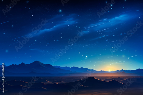 Beautiful night sky with falling stars in a desert. AI generative