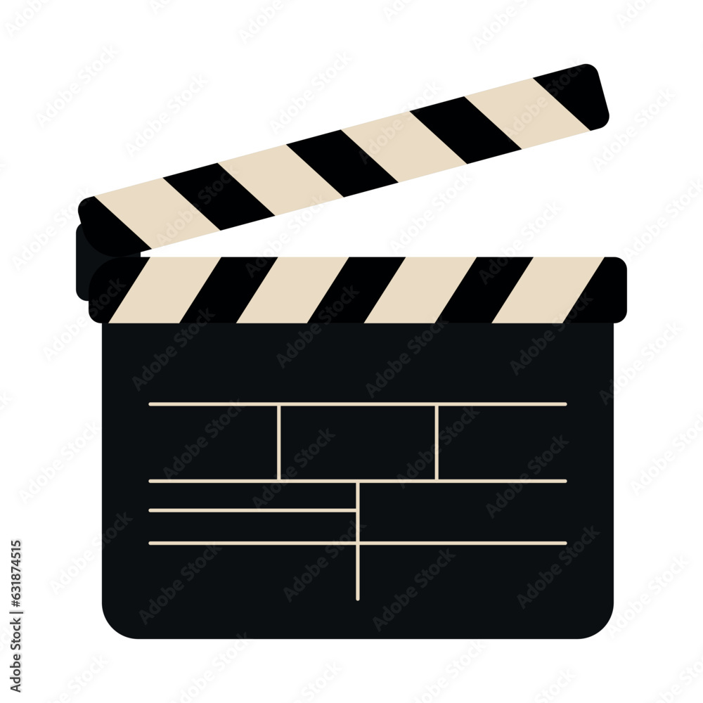 Cinema elements set. Tickets, popcorn bucket, 3D glasses, clapperboard, montage tape, video camera, director chair. Vector illustration for cinema theater, film, show, movie making concept isolated