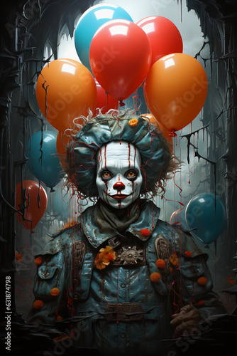 creepy horror clown with balloons. generative AI