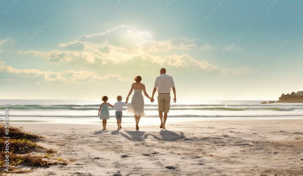 A happy family enjoying a walk on the beach, holding hands created with Generative AI technology