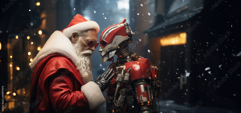 fantasy sci-fi Christmas background of cyborg Santa Claus meets real robotic digital technology Ai concept.