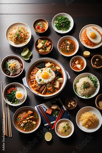 Top view food photography of Korean food set
