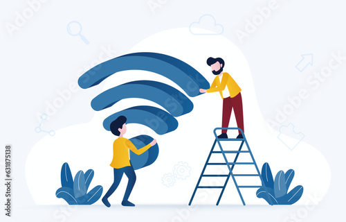 Wifi connection and technology concept. Business people working, managing and building wifi symbol, public zone, portable device. Flat vector design illustration.