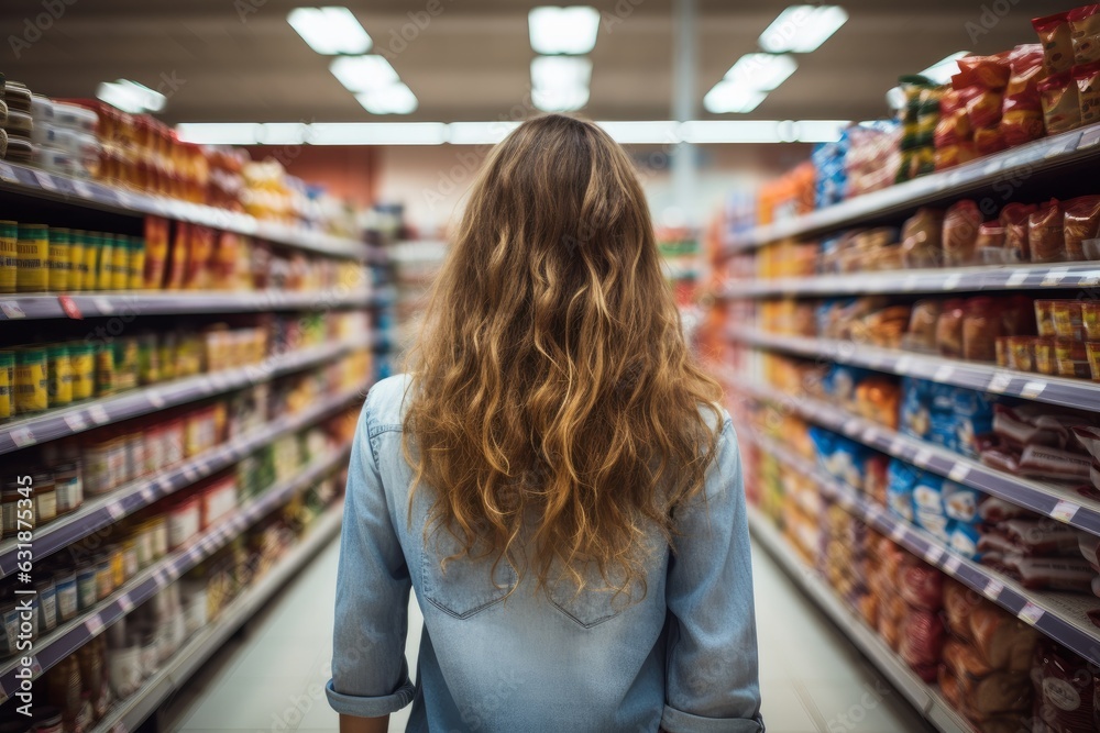 a photo of a beautiful young american woman shopping in supermarket and buying groceries and food products in the store. photo taken from behind her back. Generative AI