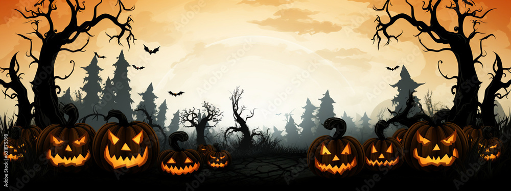 Pumpkin patch with a full moon in the background, sinister pumpkins , Halloween, Generative AI