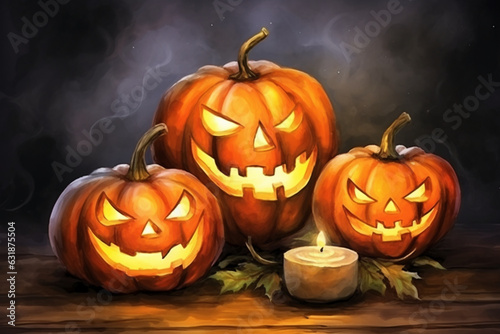 Jack-o'-lantern pumpkins with flickering candlelight, watercolor style, Halloween, Generative AI