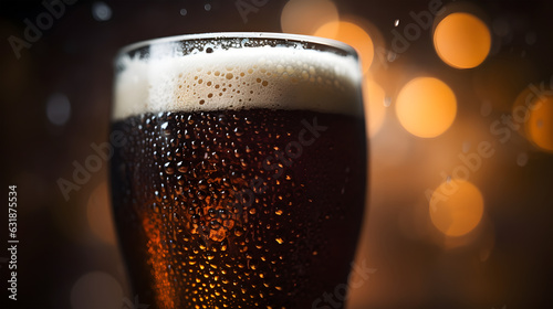 Droplets trickling down a chilled pint glass of stout beer