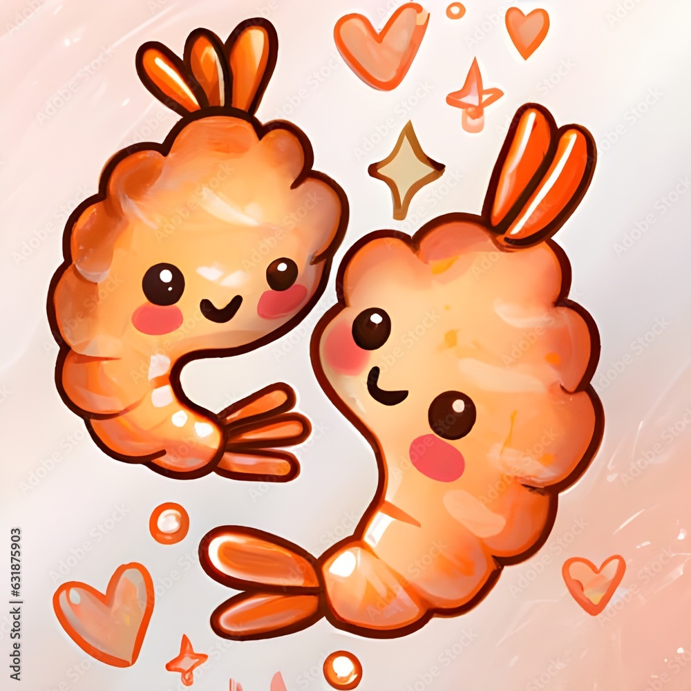 cute kawaii fry shrimps illustration, shrimps, cute kawaii illustration