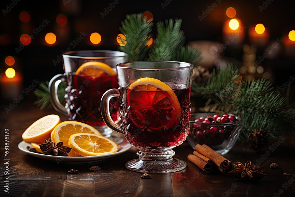 Two glass of christmas mulled wine or gluhwein with spices and orange slices on rustic table against the Christmas tree and blurry lights. Traditional drink on winter holiday Two glass of christmas mulled wine or gluhwein with spices and orange slices on rustic table against the Christmas tree and blurry lights. Traditional drink on winter holiday