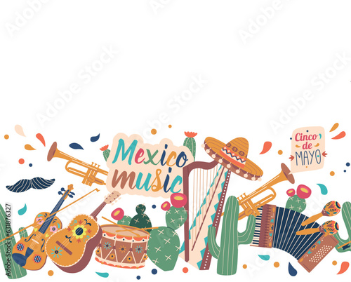 Vibrant Seamless Pattern Featuring Traditional Mexican Musical Instruments Like Maracas, Guitarron, And Trumpet, Harp