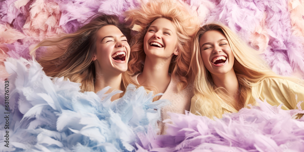 Delightful scene of three vibrant women in matching unicorn onesies, engrossed in a joyous pillow fight among a flurry of feathers, with soft lavender backdrop. Generative AI