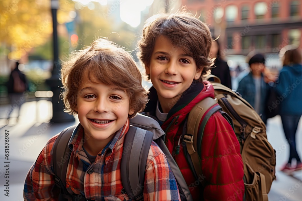 Two happy cute schoolkids with backpacks. Two happy cute schoolkids with backpacks.