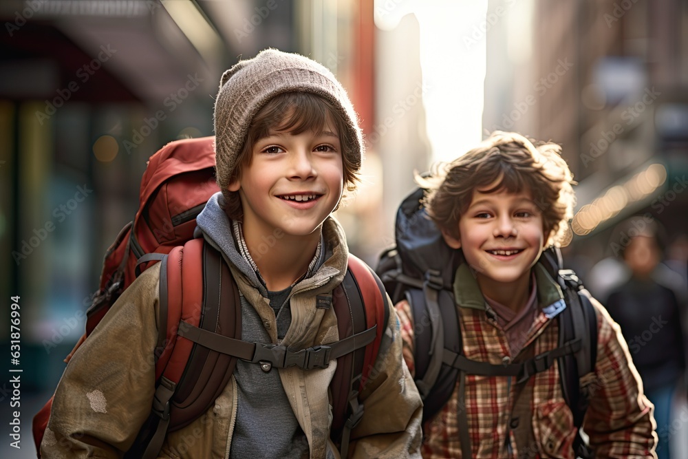 Fototapeta premium Two happy cute schoolkids with backpacks.