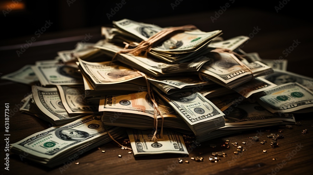 A large bundle of dollars lies on an expensive wooden desktop on dark background - obrazy, fototapety, plakaty 