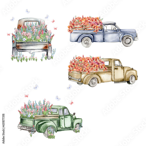 Watercolor composition with flowers and farm car. Butterflies in cartoon style.Hand drawn illustration perfect for scrapbooking  kids design  wedding invitation posters  greetings cards.