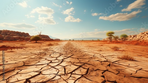 Scorching sun, heat cracked earth, desert drought, oppressive tense situation. global water scarcity problem