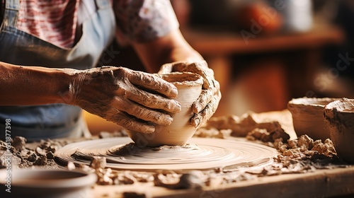The hands of an person potter making a clay pot In workshop © Natalia S.