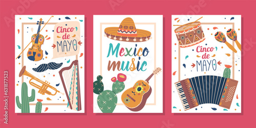 Colorful Banners With Mexican Musical Instruments, Celebrating Culture Of Mexico. Mariachi Guitar, Maracas, Trumpet