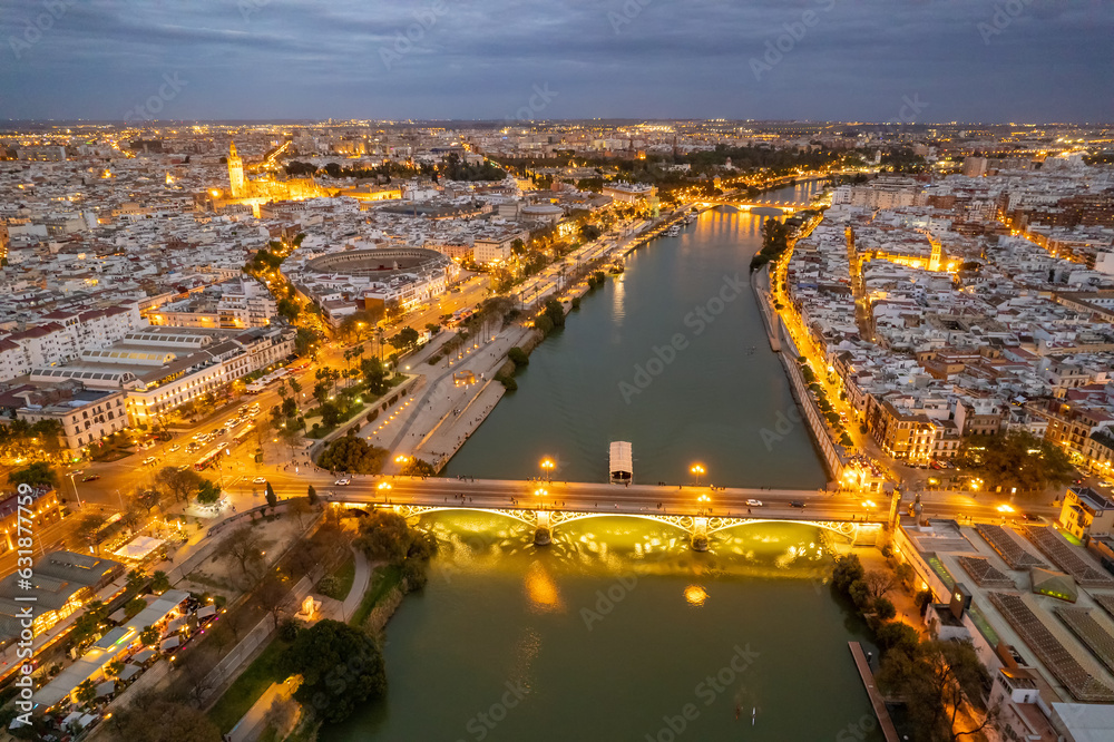 Fototapeta premium Aerial view of the Seville cityscape at night, Andalusia region, Spain.