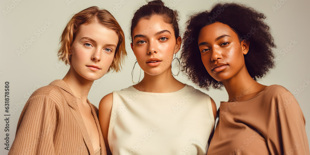Sophisticated trio of young women admiring delicate jewelry, radiating elegance through minimalist fashion—neutral colors, simplistic accessories on beige backdrop. Generative AI