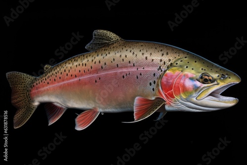 A rainbow trout fish with a pink stripe and red fins on a black background.
