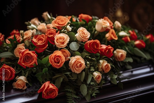 A fresh and vibrant bouquet of orange and red roses with green leaves and white flowers on a black coffin surface, with a dark and golden background.