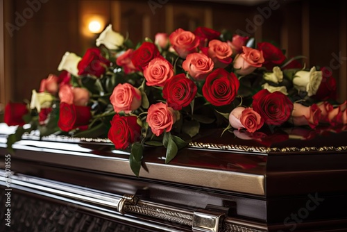 A dark wood coffin with gold accents and handles, topped with a large and overflowing bouquet of red and white roses with green leaves.