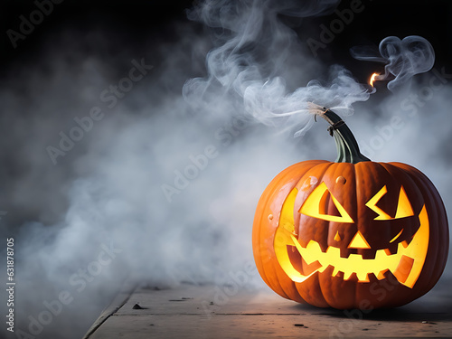 Halloween pumpkin with smoke, Jack O Lantern, with an evil face and eyes on a wooden bench table, Halloween concept