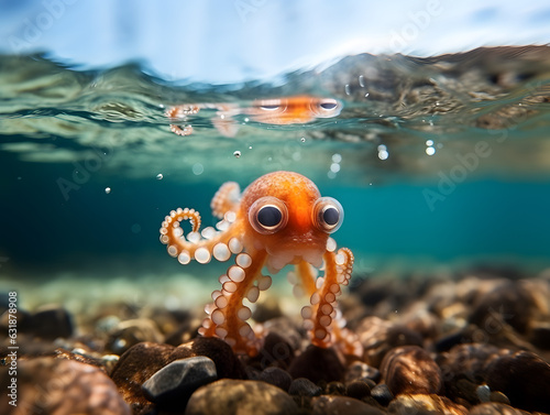 Little octopus swimming at Pacific ocean.