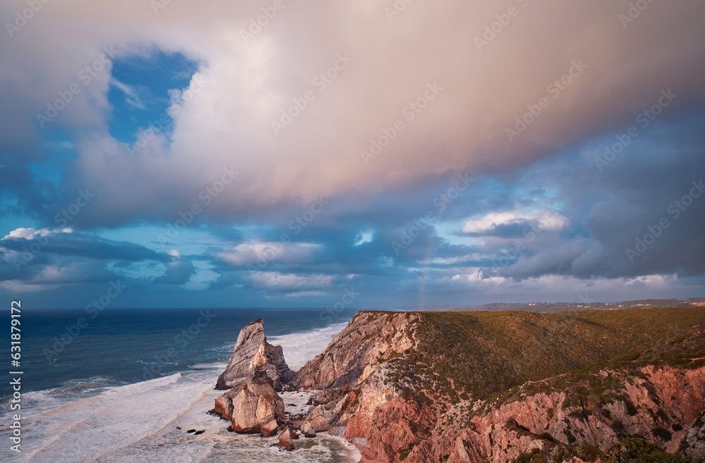 Portugal Ursa Beach at сoast of Atlantic Ocean. Rocks and waves at sand of coastline picturesque landscape. Portugal Ursa Beach at сoast of Atlantic Ocean. Rocks and waves at sand of coastline picturesque landscape.