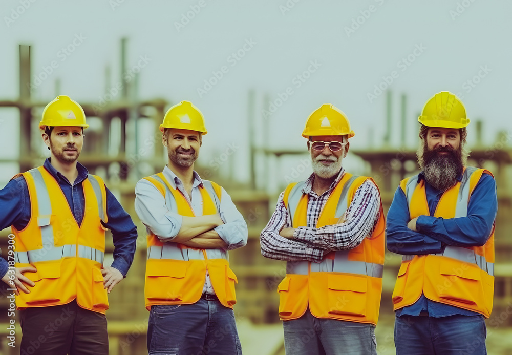 Construction site workers standing with folded arms wearing safety vests and helmets. Construction site workers standing with folded arms wearing safety vests and helmets.