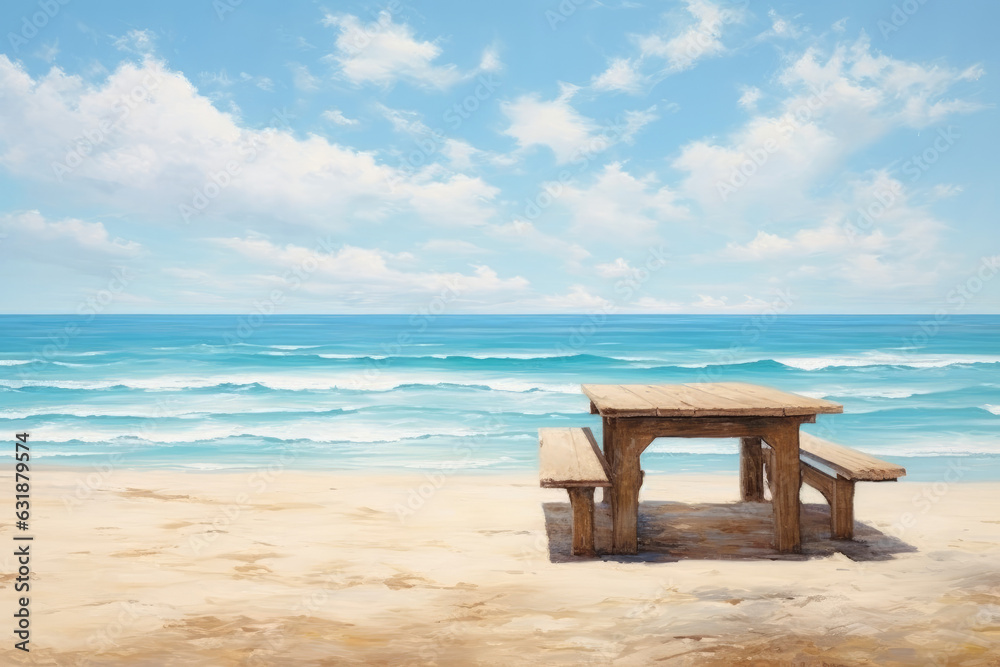 Nature's Serenity: Joaquín Sorolla-inspired Commissioned Art with Beautiful Sea and Wood Tables