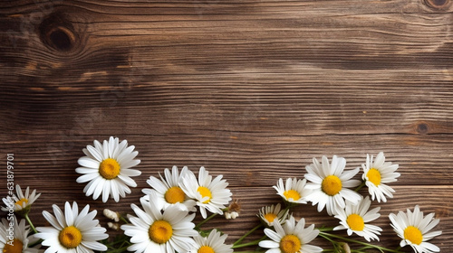 AI generated, background illustration, Background with daisies on a wooden background. Flowers on a natural wooden background. Copy space is available. © Dirk