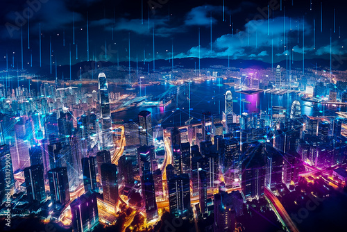 smart city, technology, midnight, network, urbanization. smart city and abstract dot point connect with gradient line and aesthetic Intricate wave line design, big data connection technology concept.