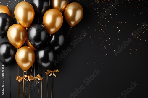 Gold and black balloons with black background, Celebrations concept with blank wall background.