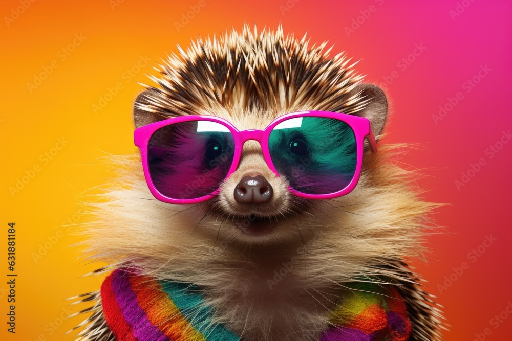 Portrait of smiling happy hedgehog wearing fashionable sunglasses and a rainbow scarf on monochrome background. Funny, cute photo of animal looks like a human on trend poster. Zoo club 