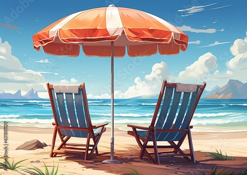 beach chairs and umbrella on the beach vector illustration, Generative AI, sea view, beach umbrella and chairs on the beach