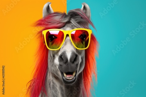 Colorful portrait of smiling happy horse  wearing fashionable sunglasses with hairstyle on monochrome background, . Funny photo of animal looks like a human on trend poster. Zoo club 