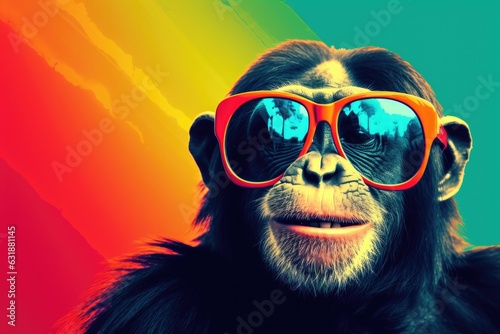 Colorful portrait of smiling happy monkey wearing fashionable sunglasses on monochrome background and copy space . Funny photo of animal looks like a human on trend poster. Zoo club 