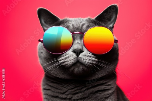 Colorful portrait of a cat wearing fashionable sunglasses with cute face on monochrome background, . Funny photo of animal looks like a human on trend poster. Zoo club 