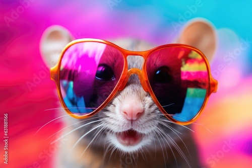 Colorful portrait of smiling happy mouse wearing fashionable sunglasses on monochrome background. Funny photo of animal looks like a human on trend poster. Zoo club 