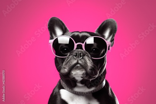 Colorful portrait of serious dog wearing fashionable sunglasses on pink  monochrome background . Funny photo of animal looks like a human on trend poster. Zoo club  © Hope