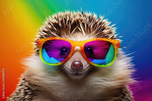 Portrait of smiling happy hedgehog wearing fashionable sunglasses and looking at camera on monochrome background. Funny, cute photo of animal looks like a human on trend poster. Zoo club  © Hope