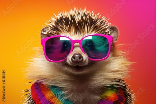 Portrait of smiling happy hedgehog wearing fashionable sunglasses and a rainbow scarf on monochrome background. Funny, cute photo of animal looks like a human on trend poster. Zoo club 