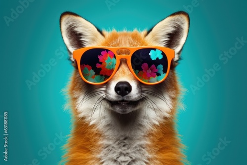Portrait of smiling happy fox wearing fashionable sunglasses and looking at camera on monochrome background. Funny, cute photo of animal looks like a human on trend poster. Zoo club 