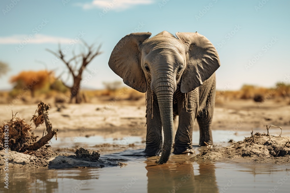 Fototapeta premium Baby elephant playing in muddy water