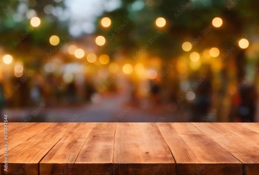 Empty 3D wooden table, and a blurry background of a market at night. Product commercial display.
