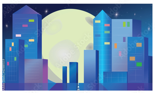 Night city in neon lights against the backdrop of a large moon. Vector illustration.