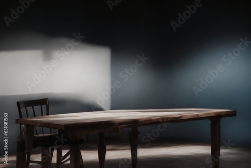 Empty 3D wooden table and chair, grey-black background with a cinematic spotlight. Product commercial display. © King