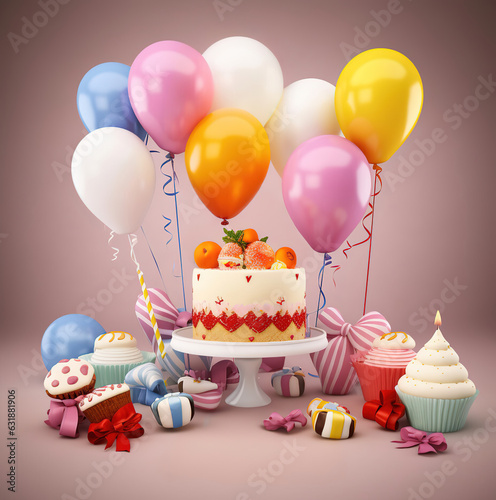 Birthday cake with colorful balloons and confetti, background with copy space